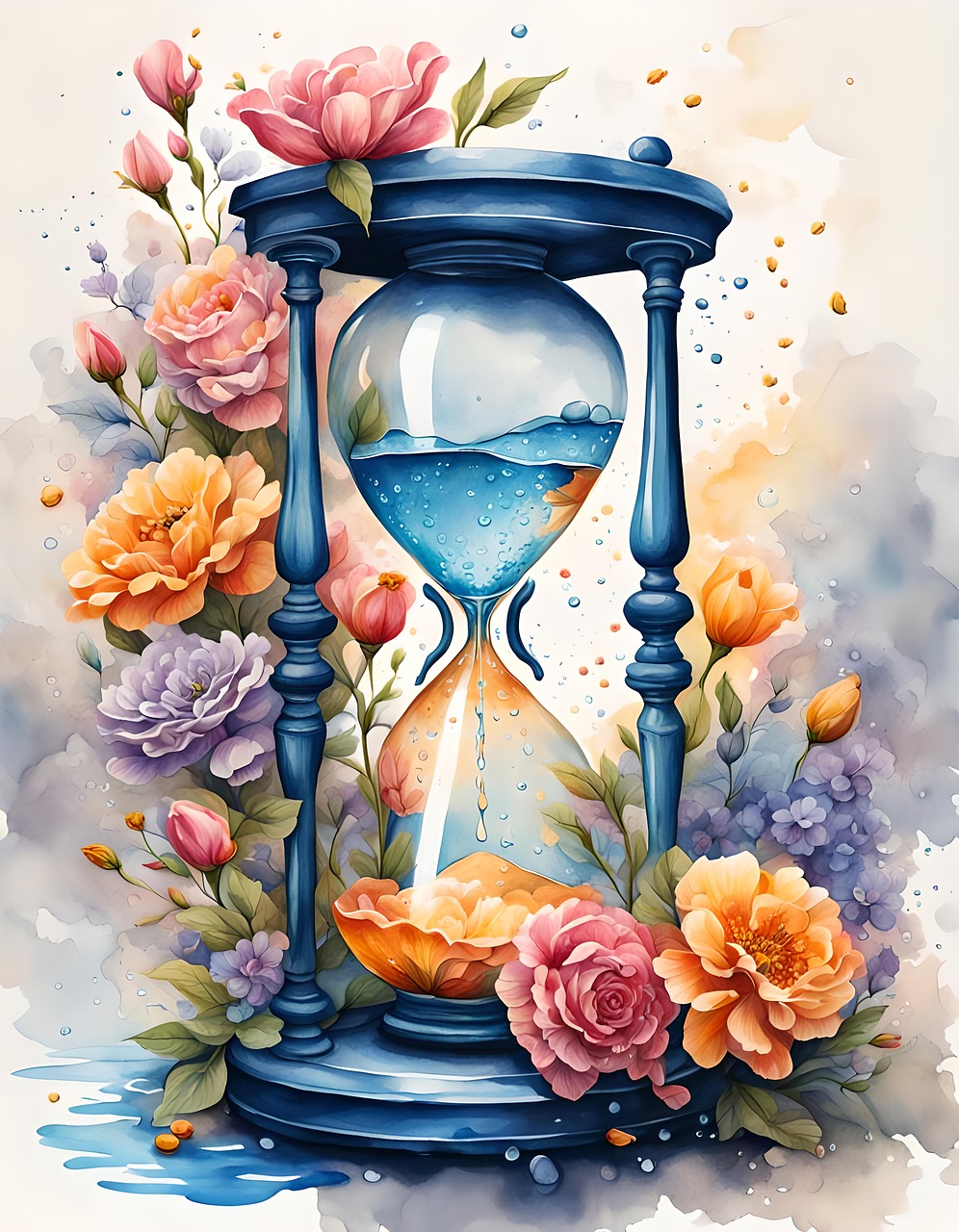 Ein mit KI gezeichnetes Uhrenglas in einer blauen Fassung mit Blumen drum herum im Popart-Style und Wasser im oberen und Sand im unteren Teil. 